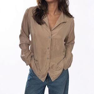 Vintage SILX Taupe Beige 100% Silk Button Front Blouse Size Large